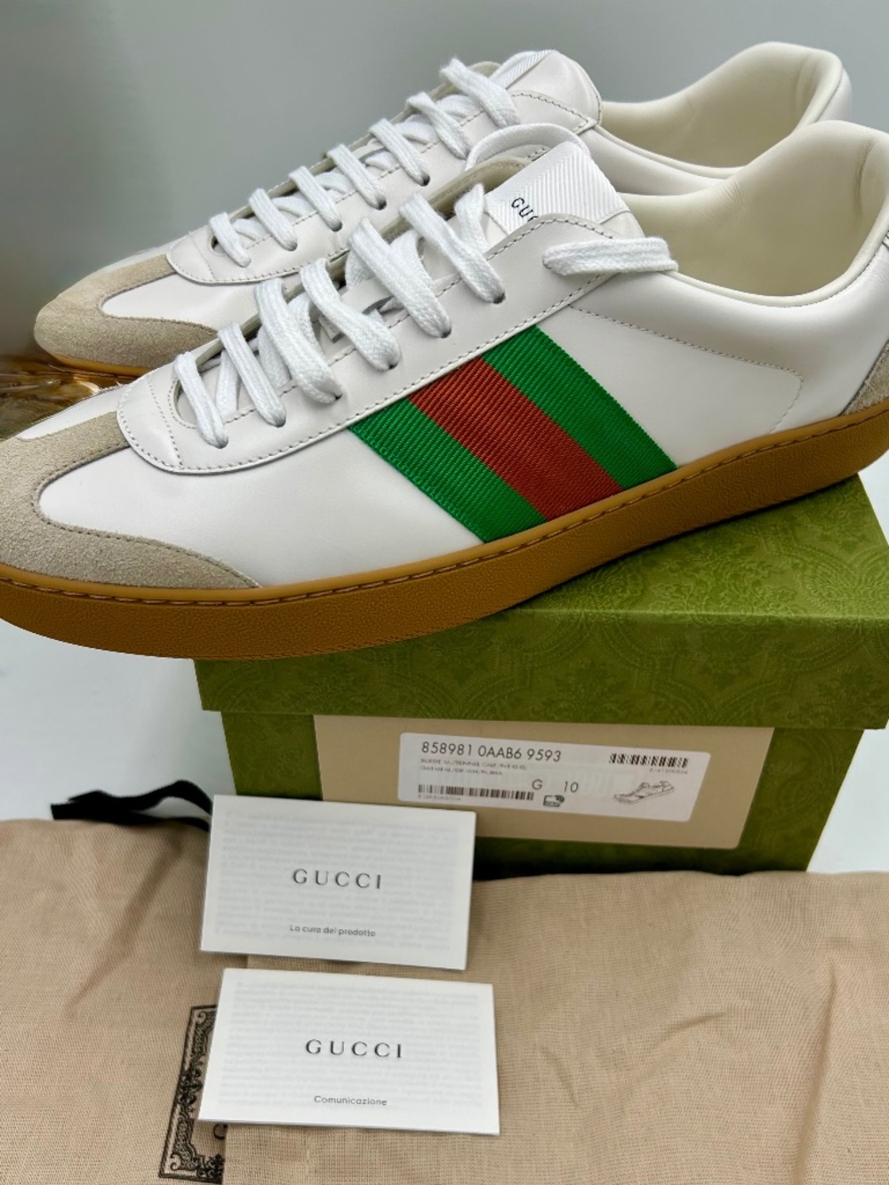 Men’s Gucci G 74 Leather/Suede Web Stripe Sneakers. Size 10. Made in Italy.